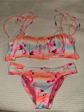 PINK Flamingo Print Ruffle Bikini Set - Peach & Aqua